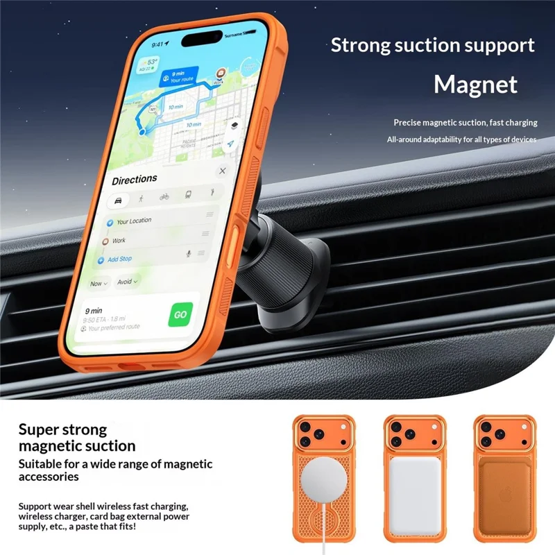 For iPhone 17 Pro Max Magnetic Case with 360° Rotating Ring Kickstand Heat Dissipation Honeycomb PC TPU Cover Compatible with Magsafe - Orange