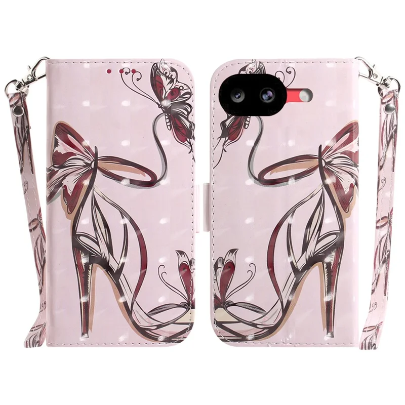 For Google Pixel 10a Case Pattern Printing Leather Wallet Phone Cover with Wrist Strap - Butterfly High Heels