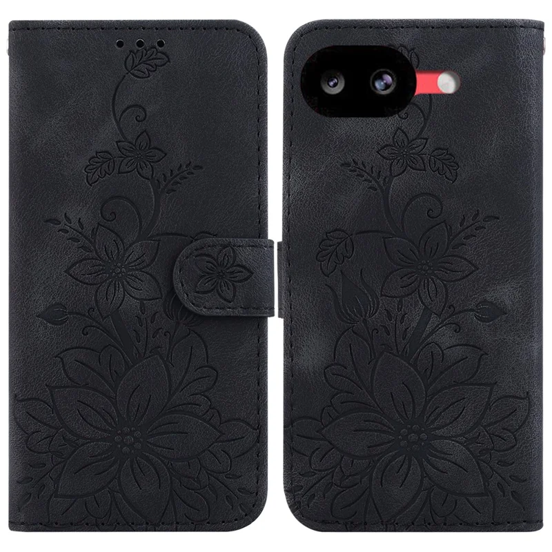 For Google Pixel 10a Stand Case Lily Flower Imprint Leather Phone Cover with Wrist Strap - Black