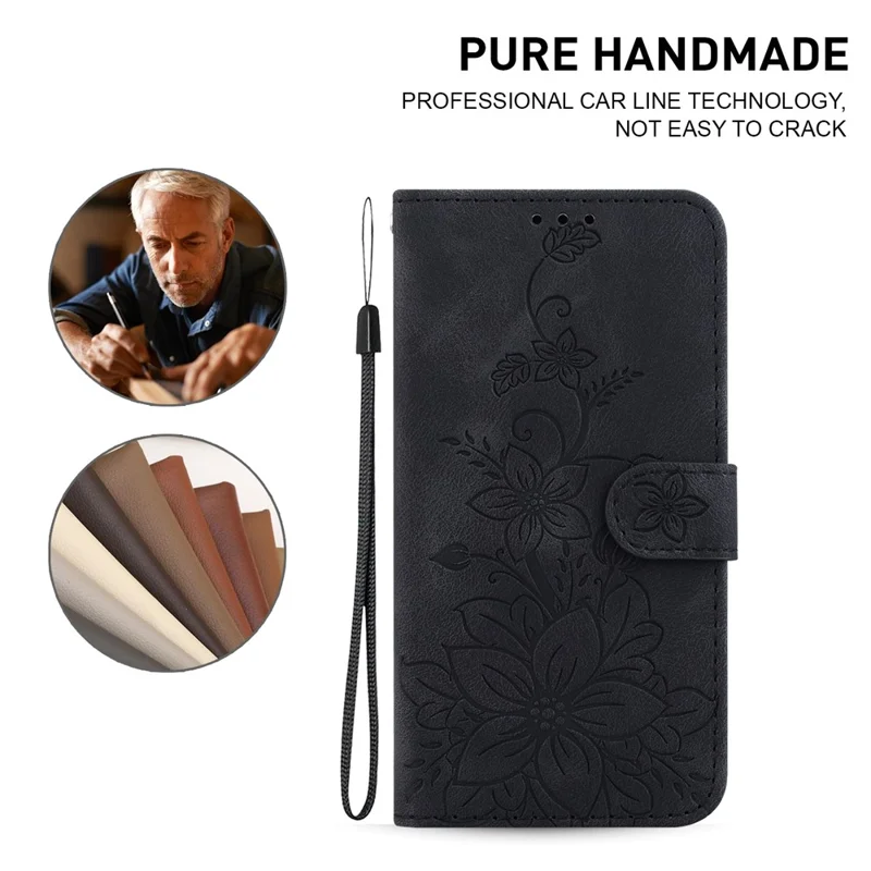 For Google Pixel 10a Stand Case Lily Flower Imprint Leather Phone Cover with Wrist Strap - Black