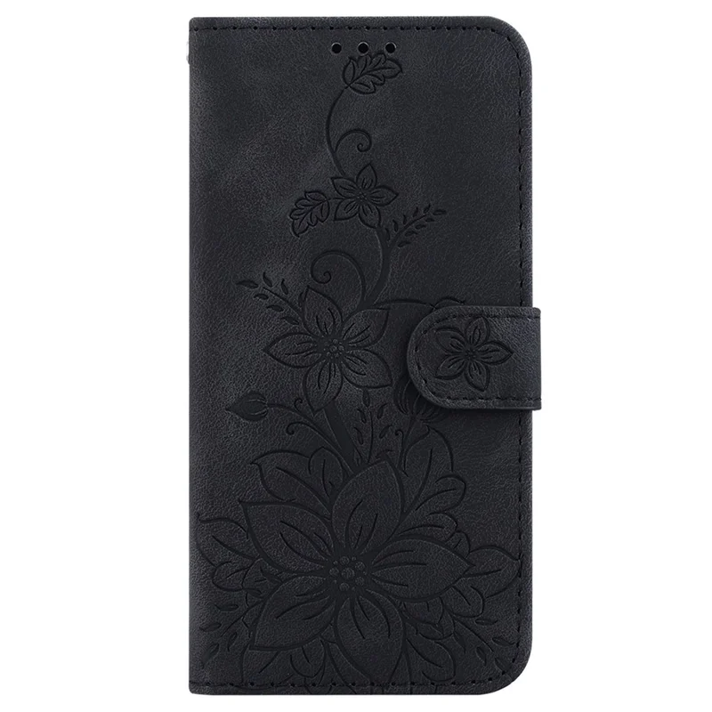 For Google Pixel 10a Stand Case Lily Flower Imprint Leather Phone Cover with Wrist Strap - Black