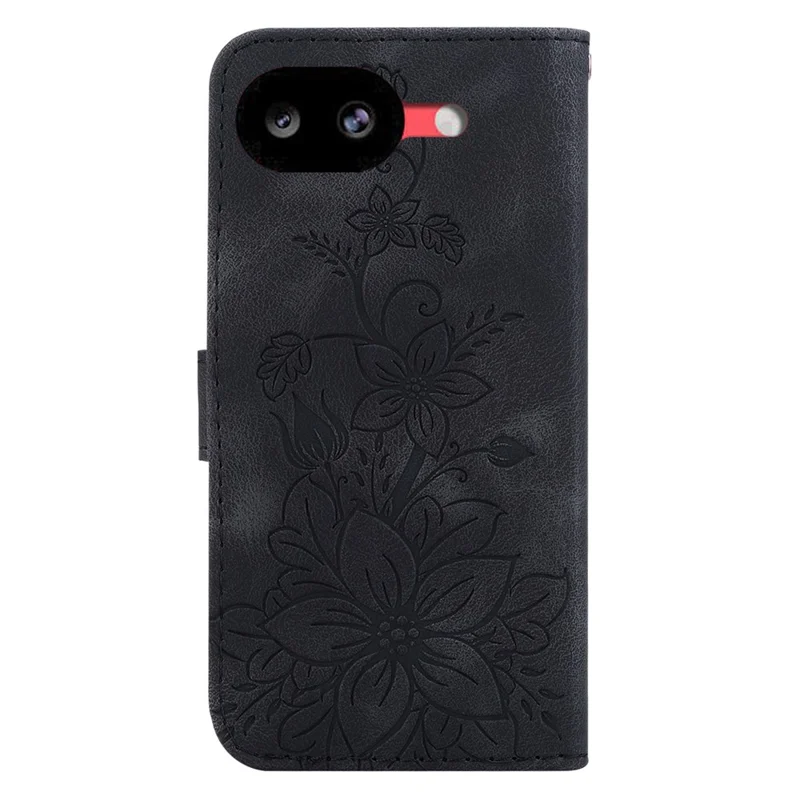 For Google Pixel 10a Stand Case Lily Flower Imprint Leather Phone Cover with Wrist Strap - Black