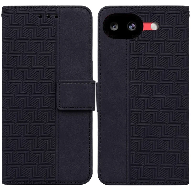 For Google Pixel 10a Case Geometry Pattern Leather Wallet Phone Cover with Wrist Strap - Black