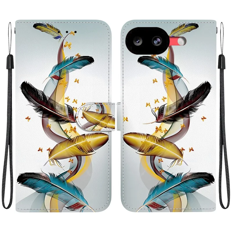 For Google Pixel 10a Case Pattern Printing Leather Flip Wallet Phone Cover with Lanyard - Golden Butterfly Feather