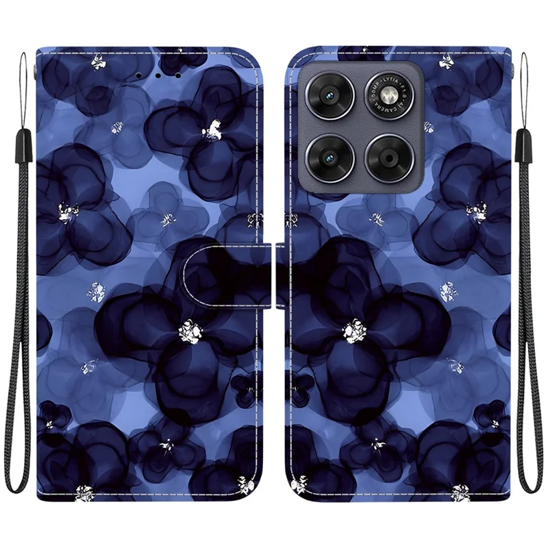 For Motorola Moto G87 5G / G67 5G / G77 5G Wallet Case Pattern Printing Leather Stand Phone Cover with Strap - Ink Blue Flower