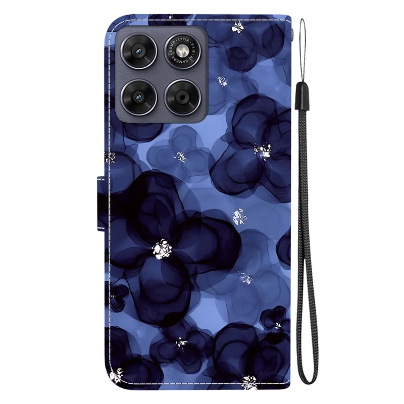 For Motorola Moto G87 5G / G67 5G / G77 5G Wallet Case Pattern Printing Leather Stand Phone Cover with Strap - Ink Blue Flower