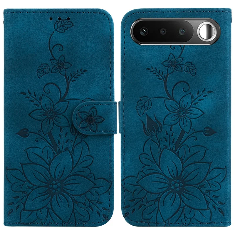 For Realme 16 5G Stand Case Lily Flower Imprint Leather Phone Cover with Wrist Strap - Dark Blue