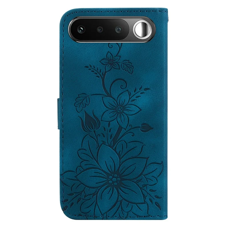For Realme 16 5G Stand Case Lily Flower Imprint Leather Phone Cover with Wrist Strap - Dark Blue