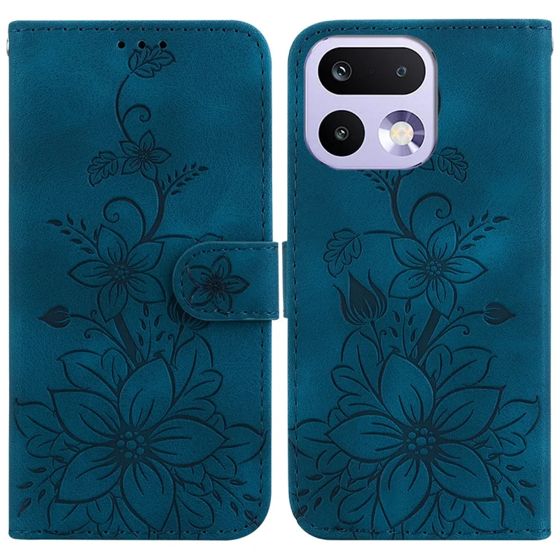 For Realme 16 Pro 5G Stand Case Lily Flower Imprint Leather Phone Cover with Wrist Strap - Dark Blue