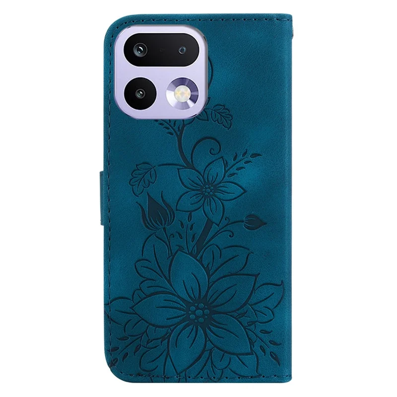 For Realme 16 Pro 5G Stand Case Lily Flower Imprint Leather Phone Cover with Wrist Strap - Dark Blue