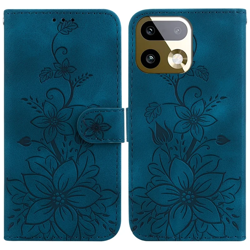 For Realme 16 Pro+ 5G Stand Case Lily Flower Imprint Leather Phone Cover with Wrist Strap - Dark Blue