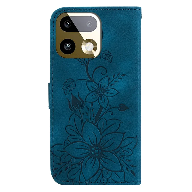 For Realme 16 Pro+ 5G Stand Case Lily Flower Imprint Leather Phone Cover with Wrist Strap - Dark Blue