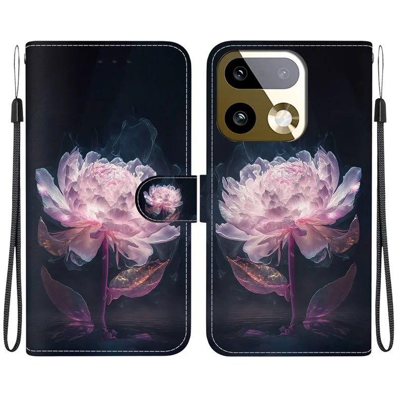 For Realme 16 Pro+ 5G Wallet Phone Case Anti-Drop Pattern Printing Leather Flip Cover with Strap - Purple Peony