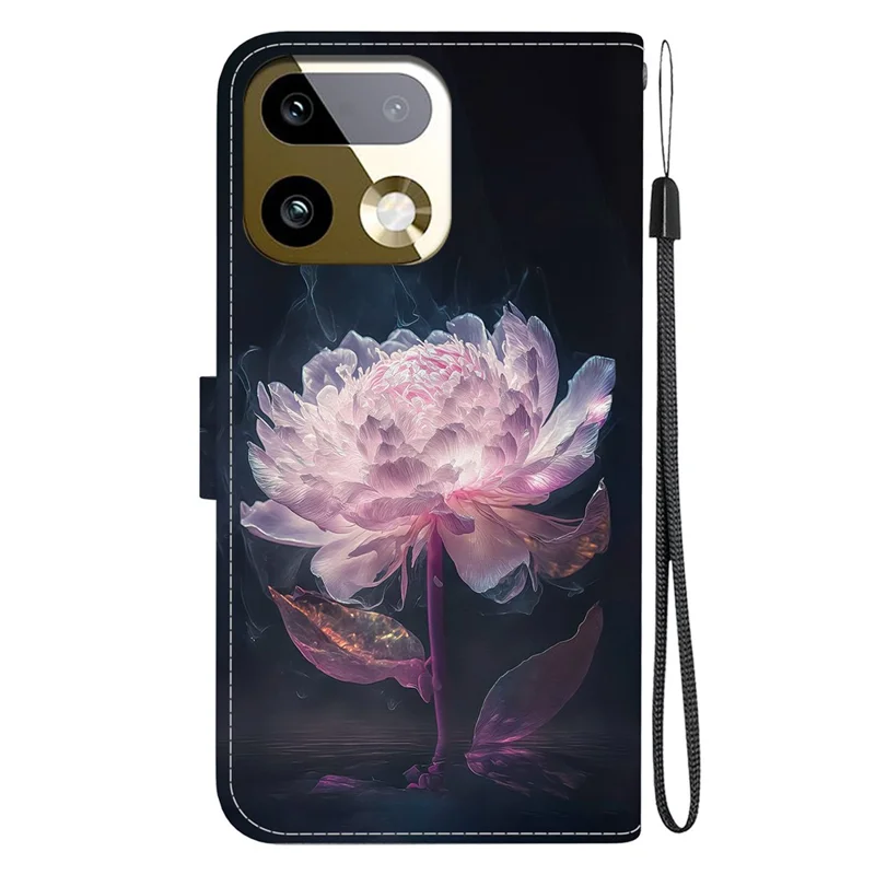 For Realme 16 Pro+ 5G Wallet Phone Case Anti-Drop Pattern Printing Leather Flip Cover with Strap - Purple Peony