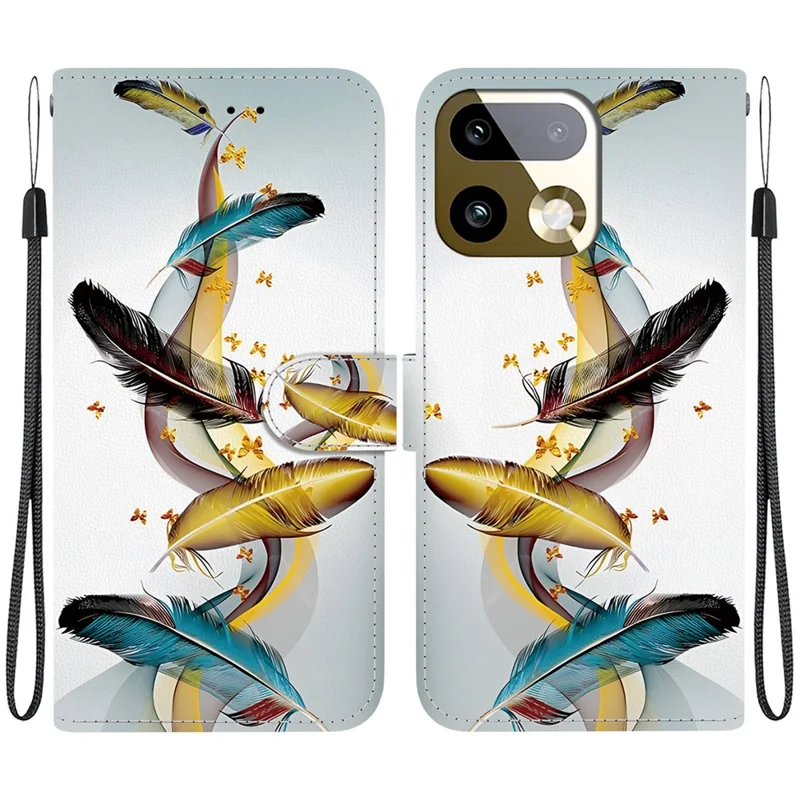 For Realme 16 Pro+ 5G Case Pattern Printing Leather Flip Wallet Phone Cover with Lanyard - Golden Butterfly Feather