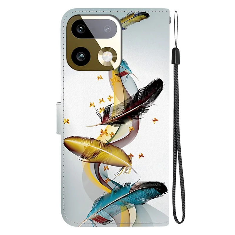 For Realme 16 Pro+ 5G Case Pattern Printing Leather Flip Wallet Phone Cover with Lanyard - Golden Butterfly Feather