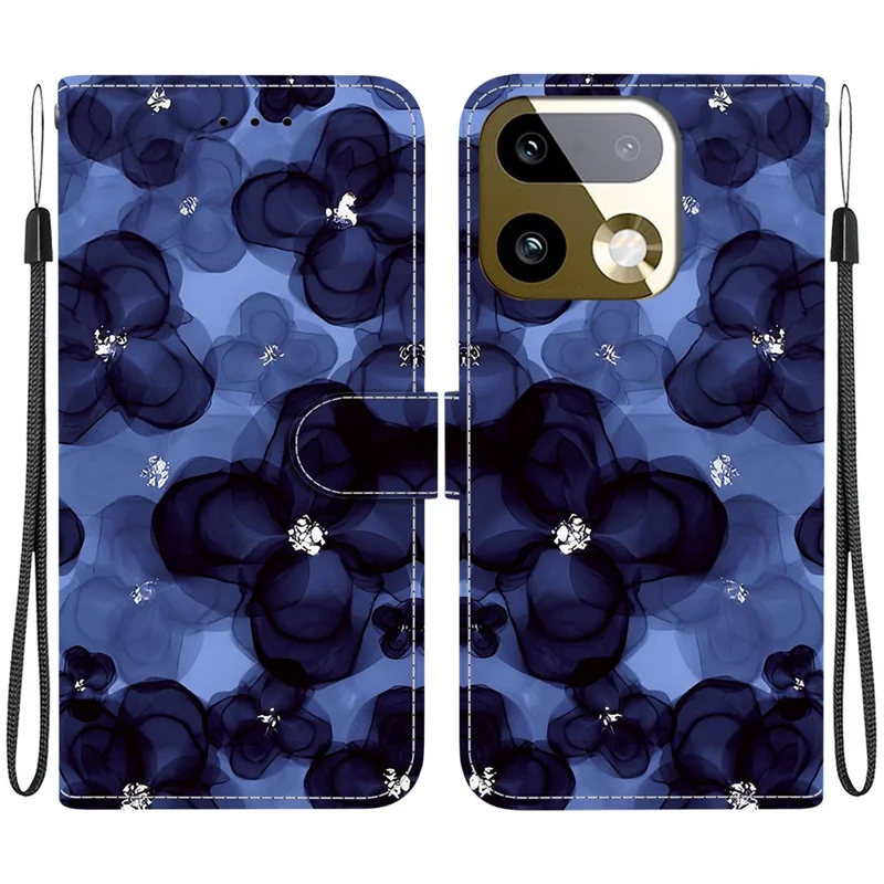 For Realme 16 Pro+ 5G Wallet Case Pattern Printing Leather Stand Phone Cover with Strap - Ink Blue Flower