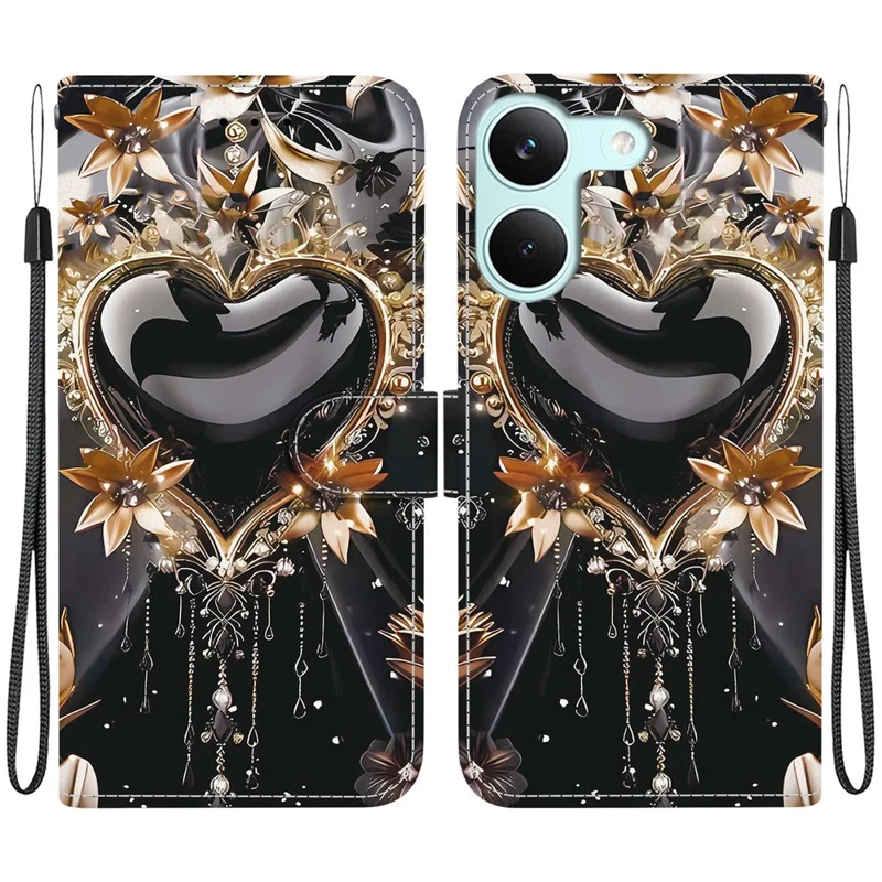 For Xiaomi Redmi Turbo 5 5G  /  Poco X8 Pro 5G Wallet Case Pattern Printing Leather Stand Phone Cover with Strap - Black Gold