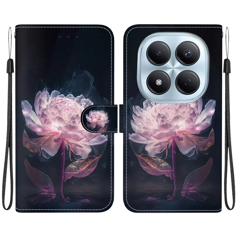 For Xiaomi Redmi Note 15 Pro 4G (Global) Wallet Phone Case Anti-Drop Pattern Printing Leather Flip Cover with Strap - Purple Peony