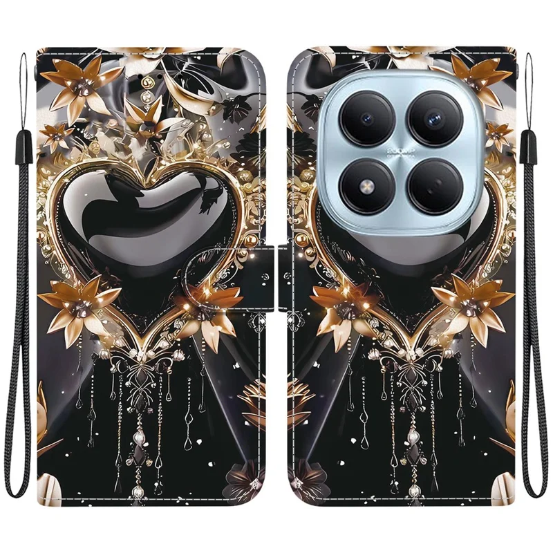 For Xiaomi Redmi Note 15 Pro 4G (Global) Wallet Case Pattern Printing Leather Stand Phone Cover with Strap - Black Gold