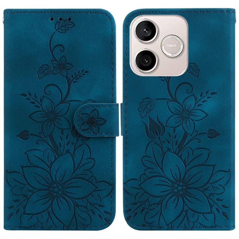 For Honor 600 Lite 5G Stand Case Lily Flower Imprint Leather Phone Cover with Wrist Strap - Dark Blue