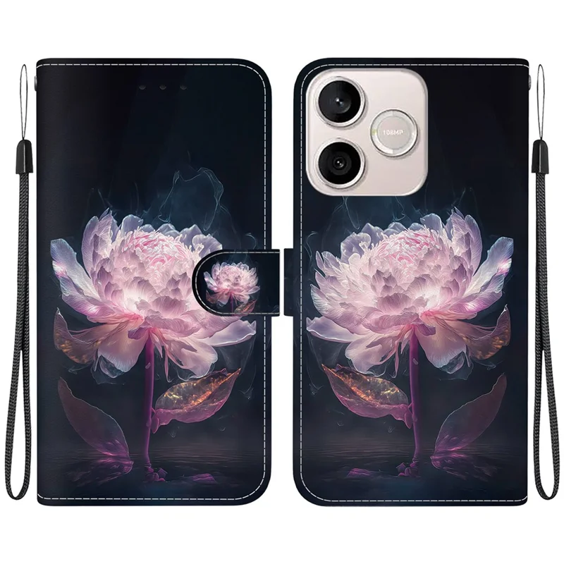For Honor 600 Lite 5G Wallet Phone Case Anti-Drop Pattern Printing Leather Flip Cover with Strap - Purple Peony