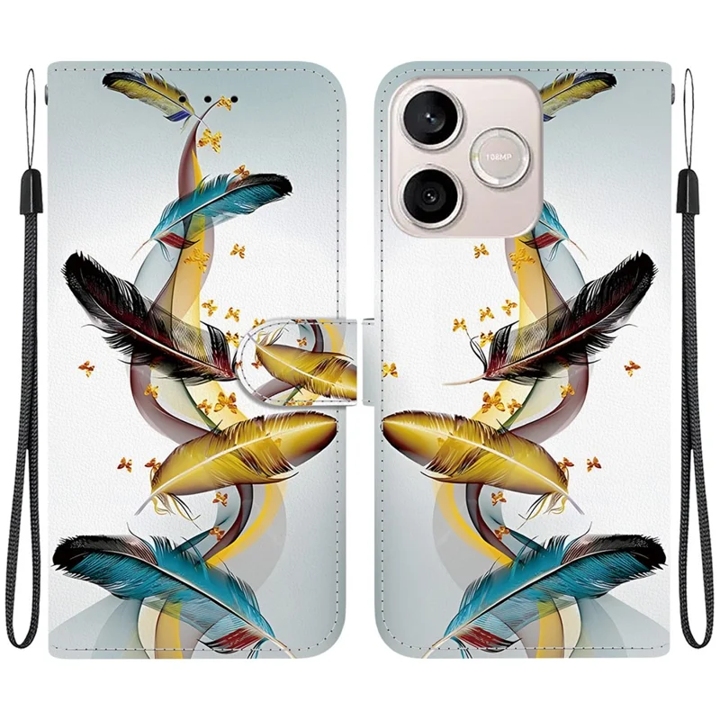 For Honor 600 Lite 5G Case Pattern Printing Leather Flip Wallet Phone Cover with Lanyard - Golden Butterfly Feather