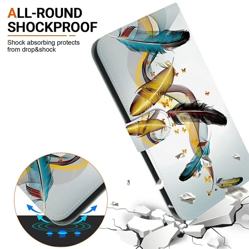 For Honor 600 Lite 5G Case Pattern Printing Leather Flip Wallet Phone Cover with Lanyard - Golden Butterfly Feather