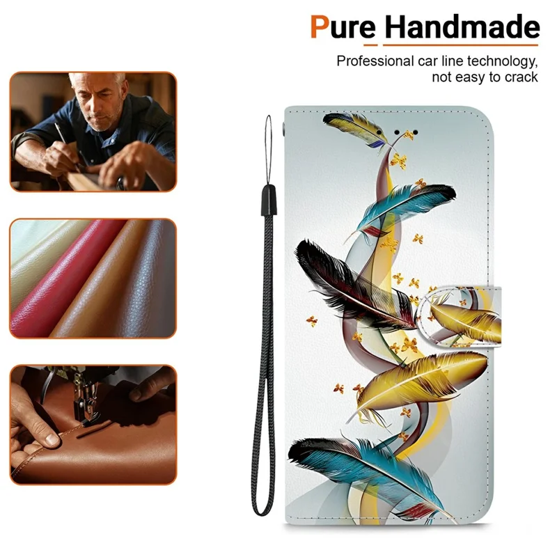 For Honor 600 Lite 5G Case Pattern Printing Leather Flip Wallet Phone Cover with Lanyard - Golden Butterfly Feather