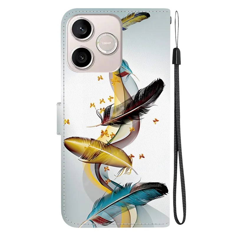For Honor 600 Lite 5G Case Pattern Printing Leather Flip Wallet Phone Cover with Lanyard - Golden Butterfly Feather