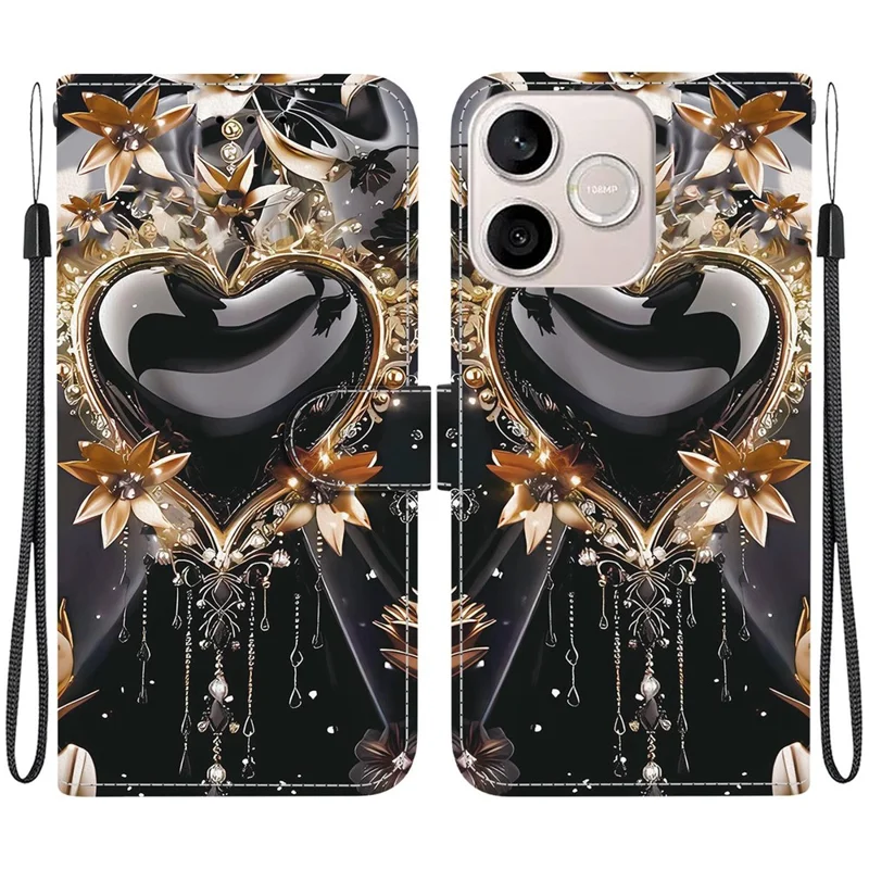 Für Honor 600 Lite 5G Brieftaschenhülle Musterdruck Lederstandplatz-Handytasche mit Gurt - Schwarz Gold