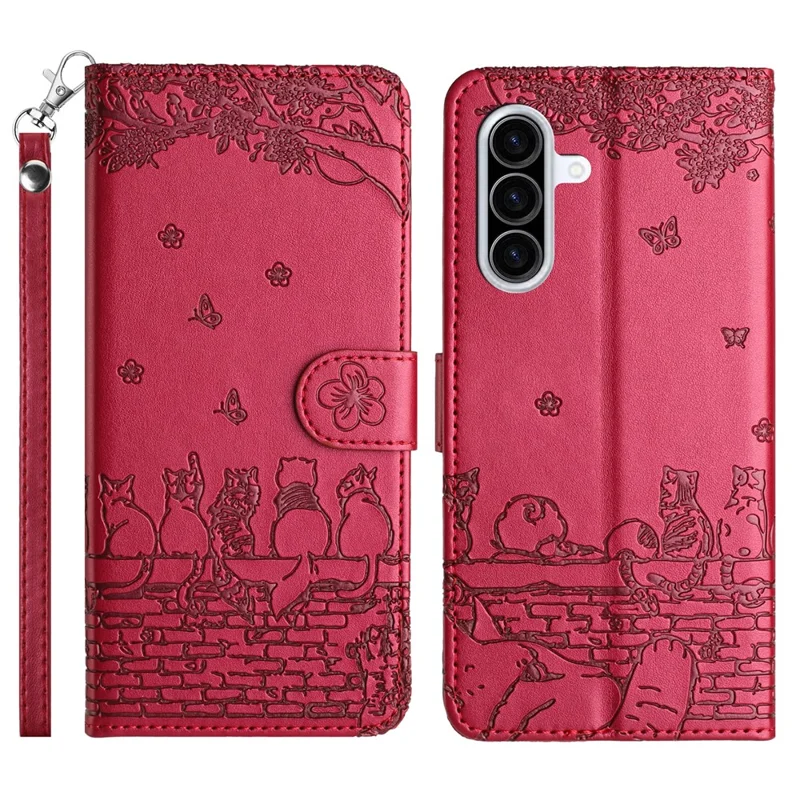 For Samsung Galaxy A27 Case with Wrist Strap Leather Phone Cover Wall Cats Pattern - Red