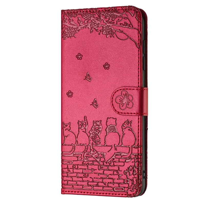 For Samsung Galaxy A27 Case with Wrist Strap Leather Phone Cover Wall Cats Pattern - Red