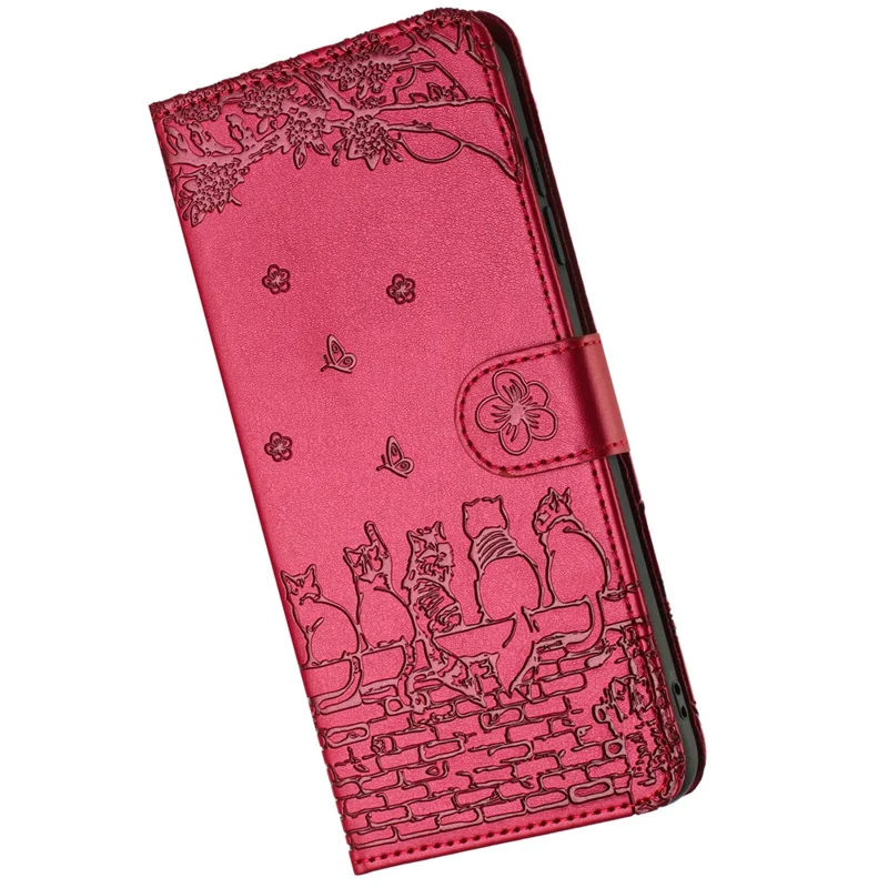 For Samsung Galaxy A27 Case with Wrist Strap Leather Phone Cover Wall Cats Pattern - Red