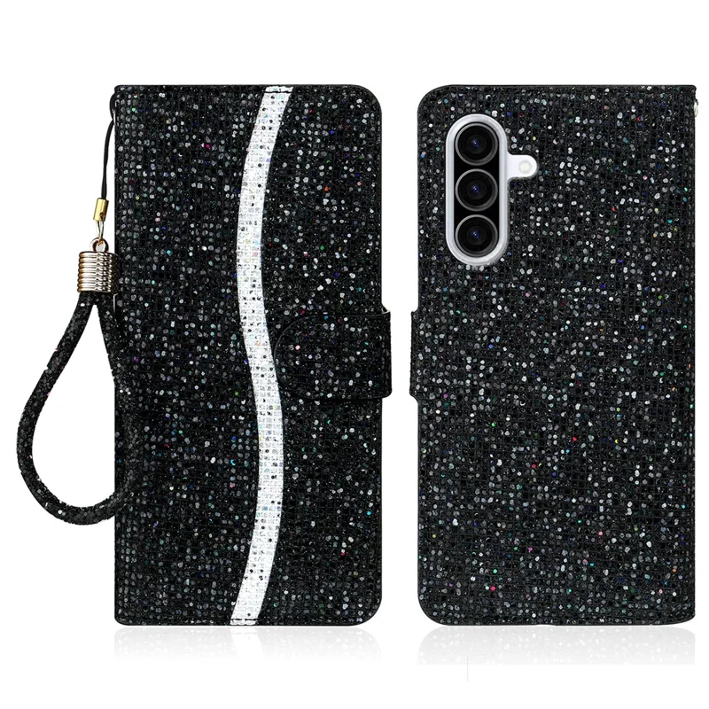 For Samsung Galaxy A27 Case PU Leather Wallet Card Slots Glitter Phone Cover - Black