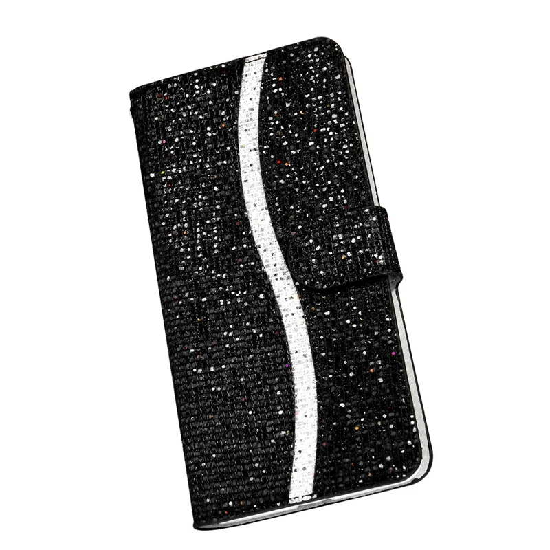 For Samsung Galaxy A27 Case PU Leather Wallet Card Slots Glitter Phone Cover - Black