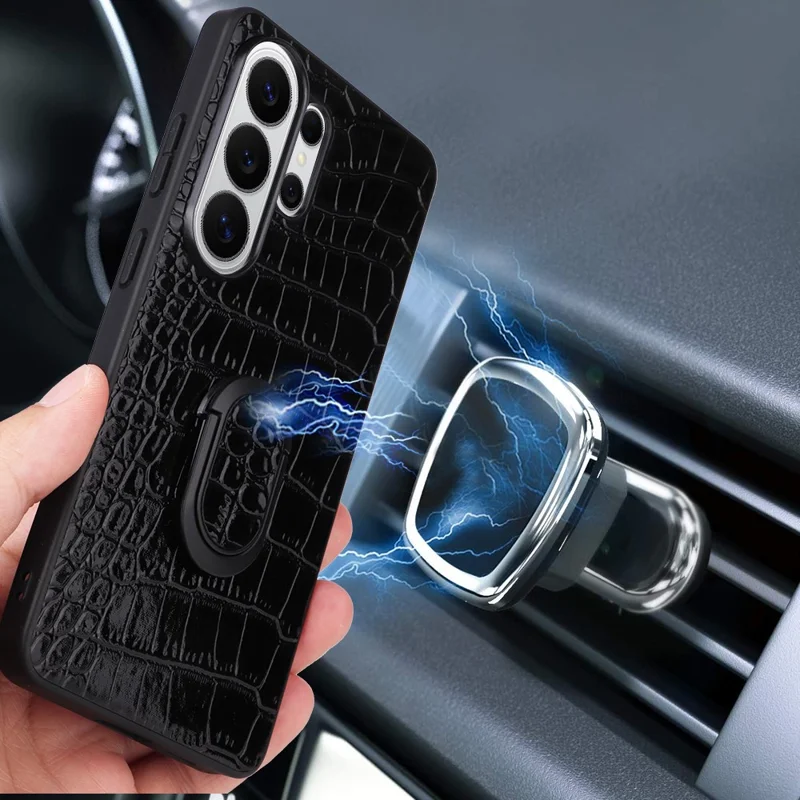 For Samsung Galaxy S25 Ultra Case Kickstand Leather + TPU + PC Phone Back Cover - Crocodile Texture