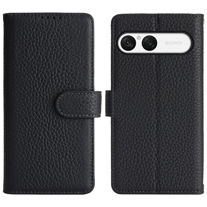 For Sony Xperia 10 VII Stand Case Litchi Texture Genuine Cow Leather Wallet Phone Cover RFID Blocking - Black
