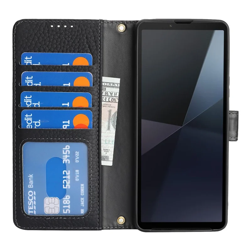 For Sony Xperia 10 VII Stand Case Litchi Texture Genuine Cow Leather Wallet Phone Cover RFID Blocking - Black