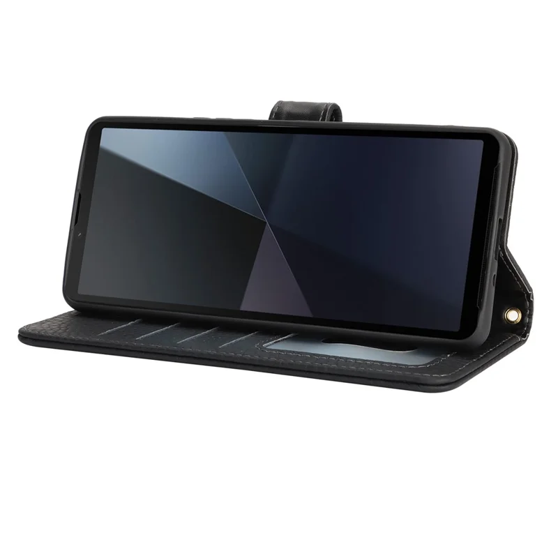 For Sony Xperia 10 VII Stand Case Litchi Texture Genuine Cow Leather Wallet Phone Cover RFID Blocking - Black