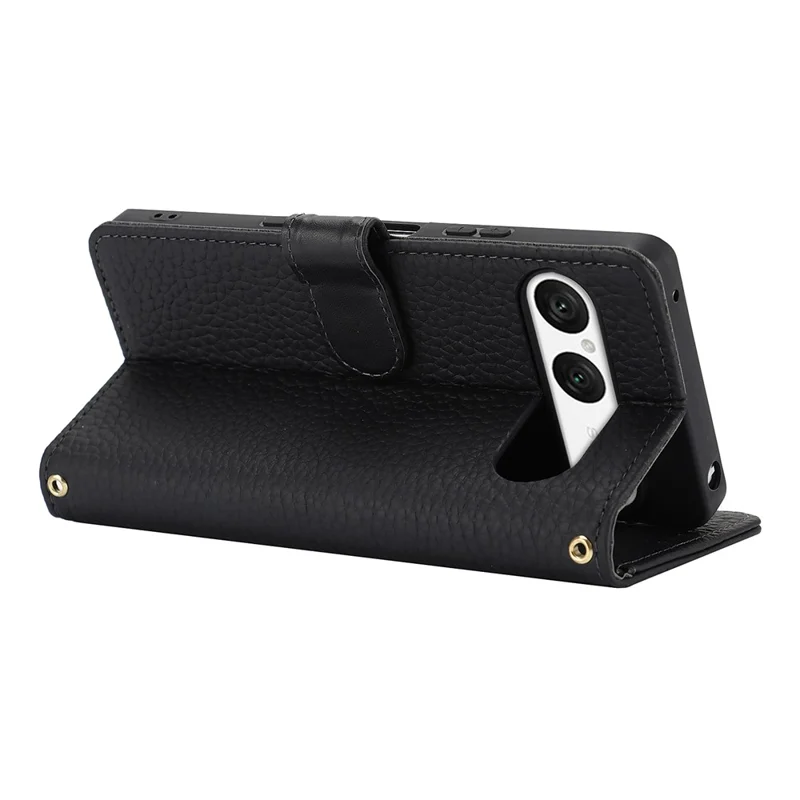 For Sony Xperia 10 VII Stand Case Litchi Texture Genuine Cow Leather Wallet Phone Cover RFID Blocking - Black