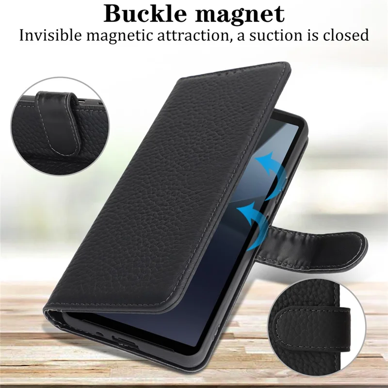 For Sony Xperia 10 VII Stand Case Litchi Texture Genuine Cow Leather Wallet Phone Cover RFID Blocking - Black