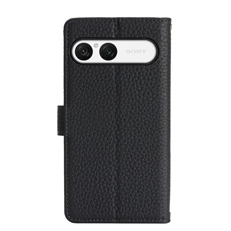 For Sony Xperia 10 VII Stand Case Litchi Texture Genuine Cow Leather Wallet Phone Cover RFID Blocking - Black
