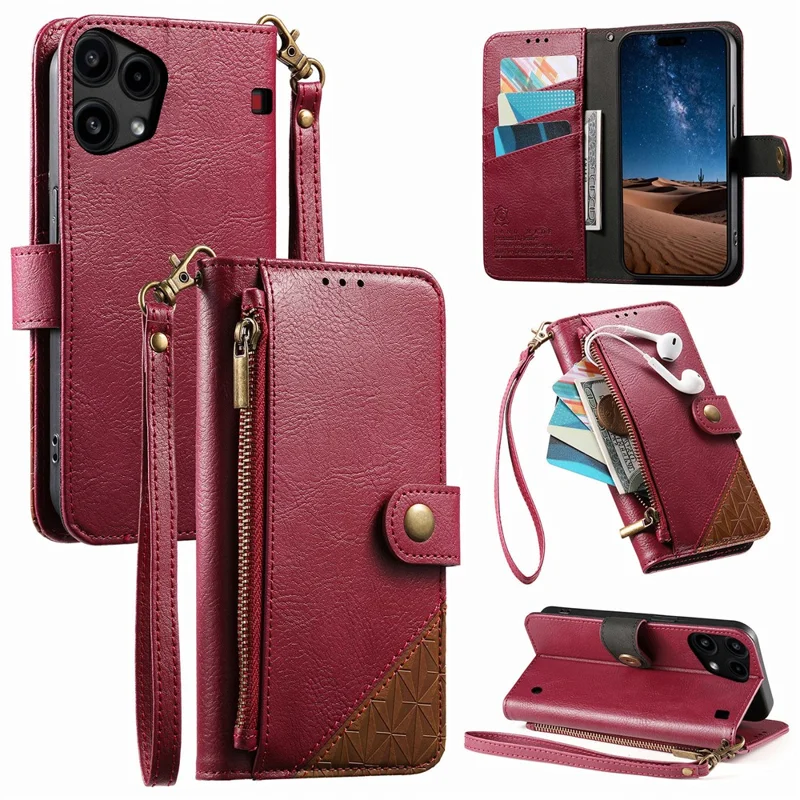 For Nothing Phone (3a) Lite 5G Case Color Splicing TPU PU Leather Flip Shockproof Phone Cover with Wrist Strap - Red