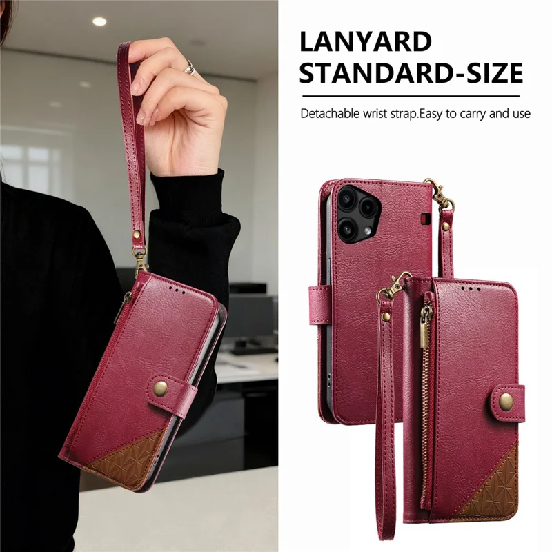 For Nothing Phone (3a) Lite 5G Case Color Splicing TPU PU Leather Flip Shockproof Phone Cover with Wrist Strap - Red