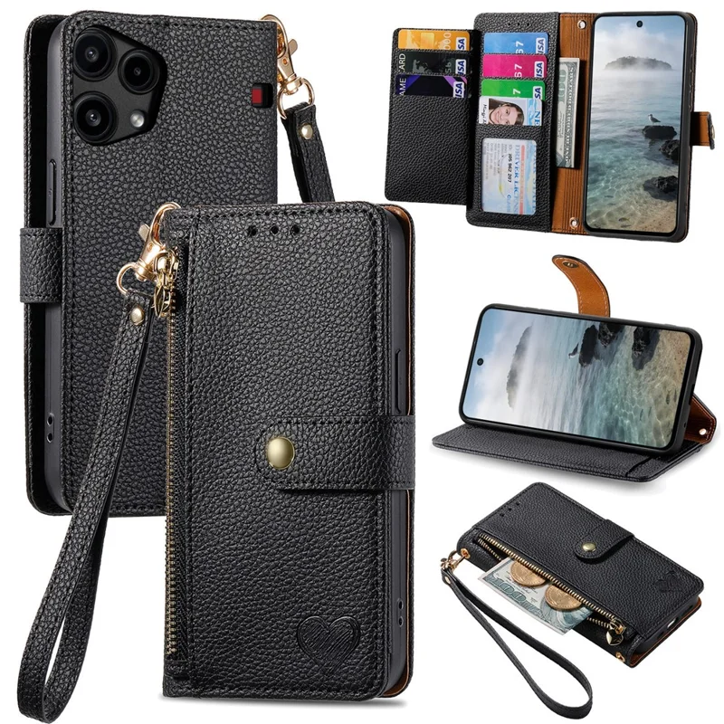 For Nothing Phone (3a) Lite 5G Case RFID Blocking Zipper Pocket Leather Wallet Phone Cover with Strap - Black