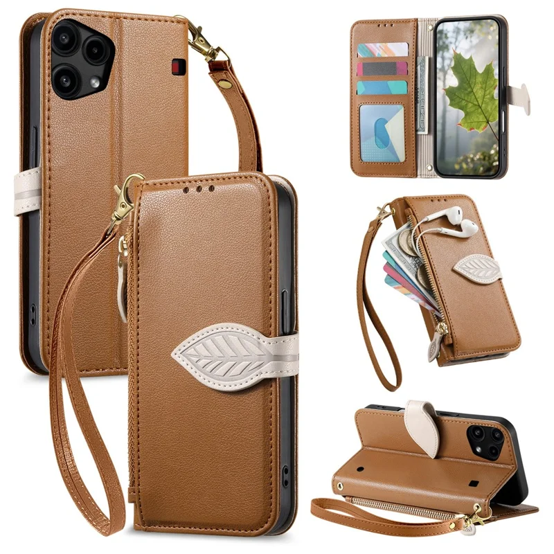 For Nothing Phone (3a) Lite 5G Stand Case Leaf Shape Magnetic Clasp Leather Phone Cover with Hand Strap - Brown