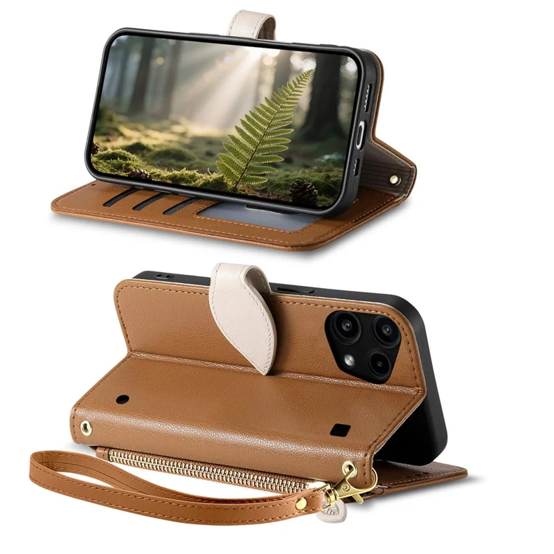 For Nothing Phone (3a) Lite 5G Stand Case Leaf Shape Magnetic Clasp Leather Phone Cover with Hand Strap - Brown