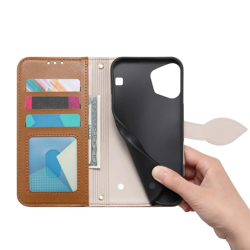 For Nothing Phone (3a) Lite 5G Stand Case Leaf Shape Magnetic Clasp Leather Phone Cover with Hand Strap - Brown