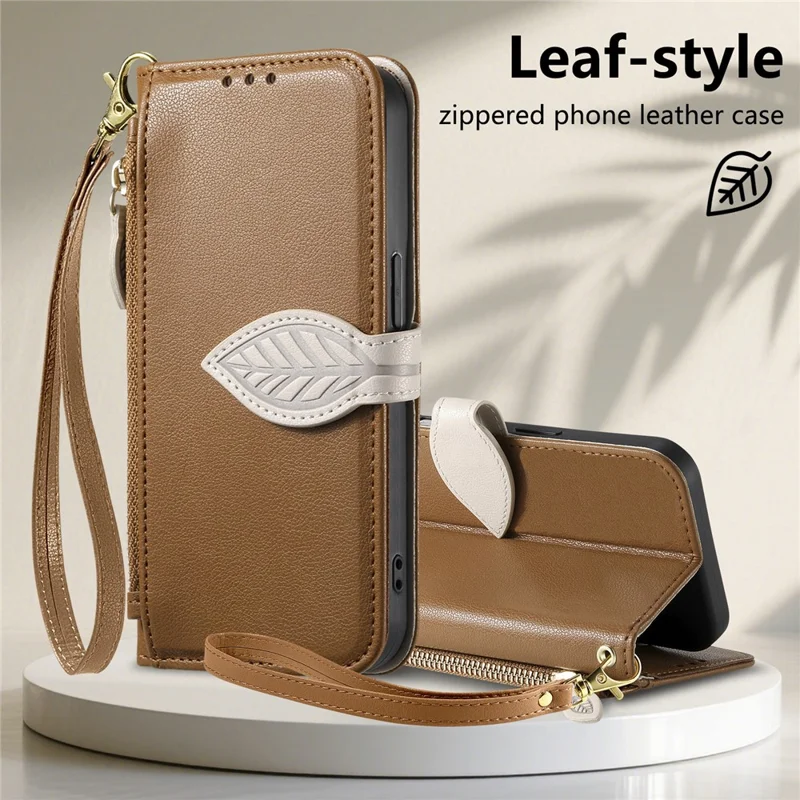 For Nothing Phone (3a) Lite 5G Stand Case Leaf Shape Magnetic Clasp Leather Phone Cover with Hand Strap - Brown